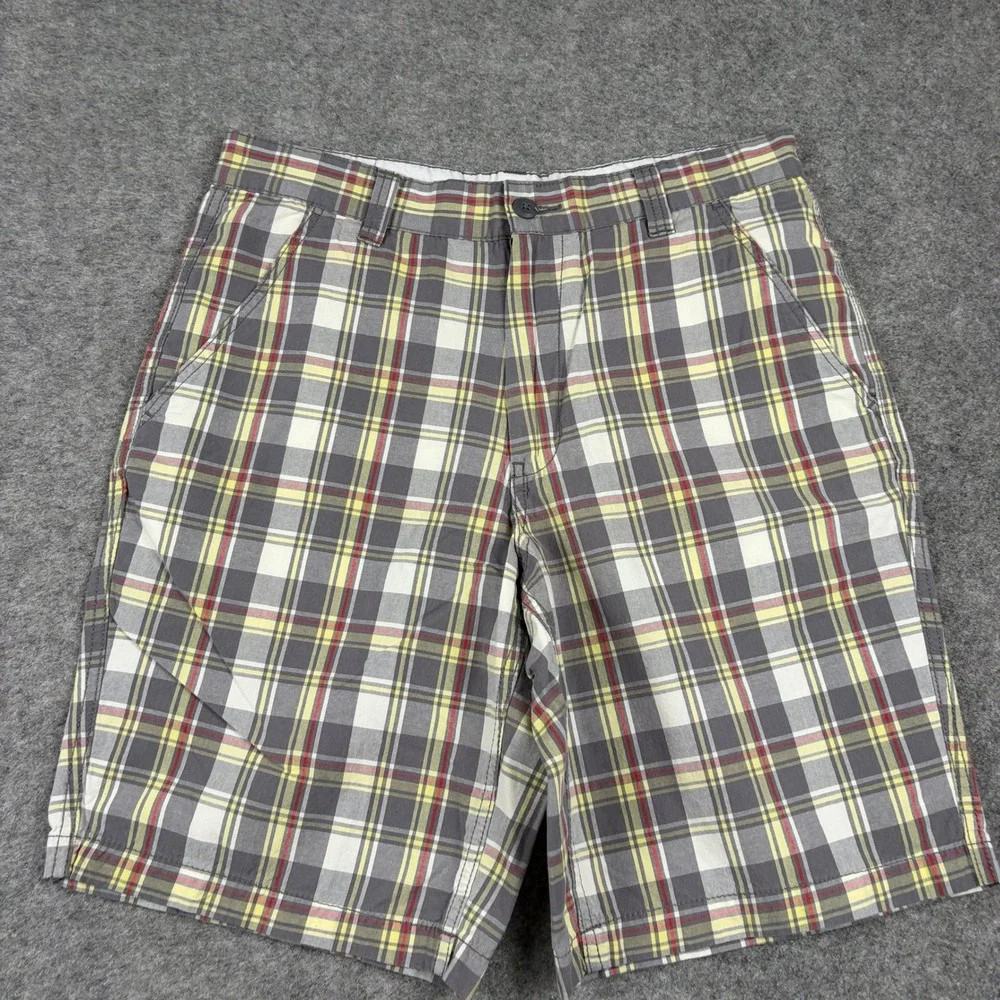 Y2K Faded Glory Plaid Shorts Mens 32 Gray Yellow Tartan Casual Summer Flat Front
